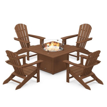 POLYWOOD Palm Coast 5-Piece Adirondack Chair Conversation Set w/ Fire Pit Table - Teak